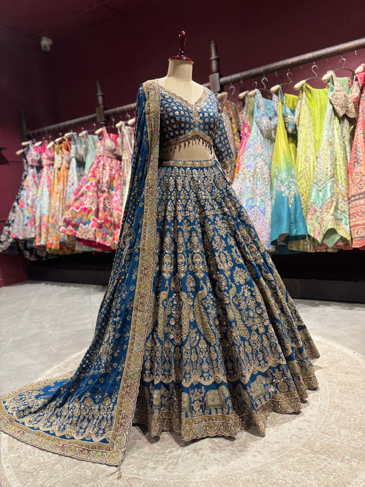 Royal Blue Heavy Zari Embroidered Designer Lehenga Set
