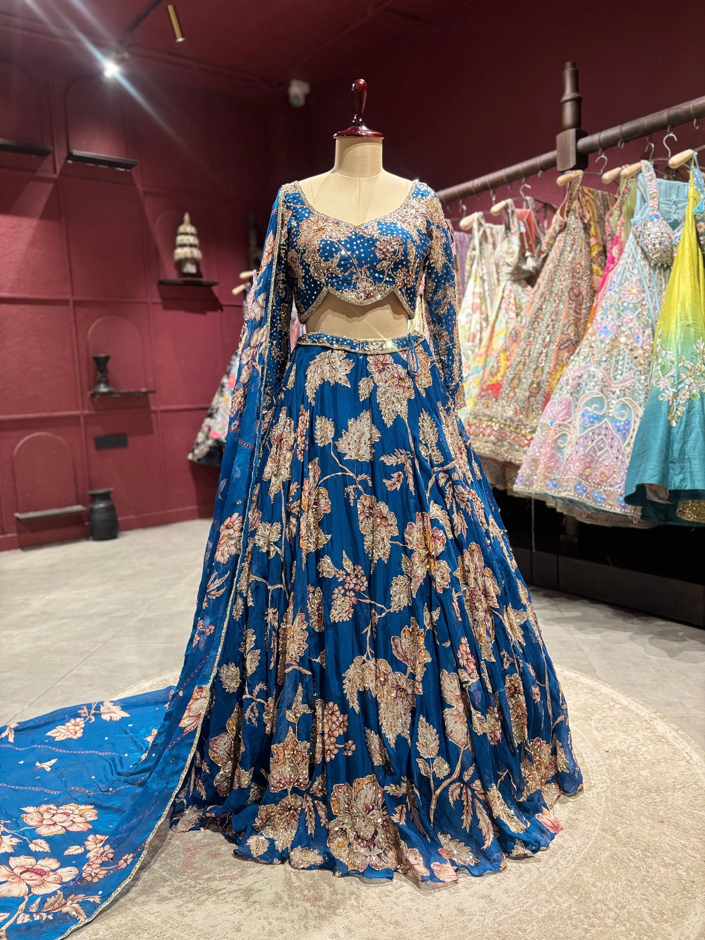 Teal Blue Floral Embroidered Designer Lehenga Set