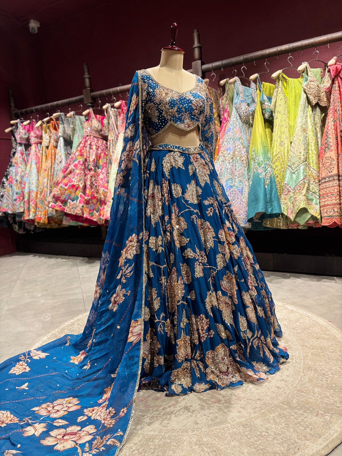 Teal Blue Floral Embroidered Designer Lehenga Set