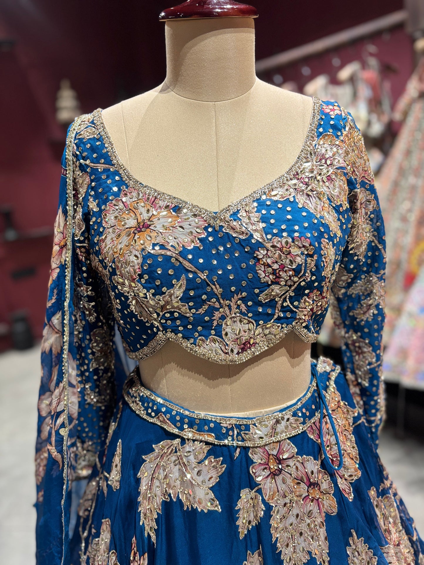 Teal Blue Floral Embroidered Designer Lehenga Set