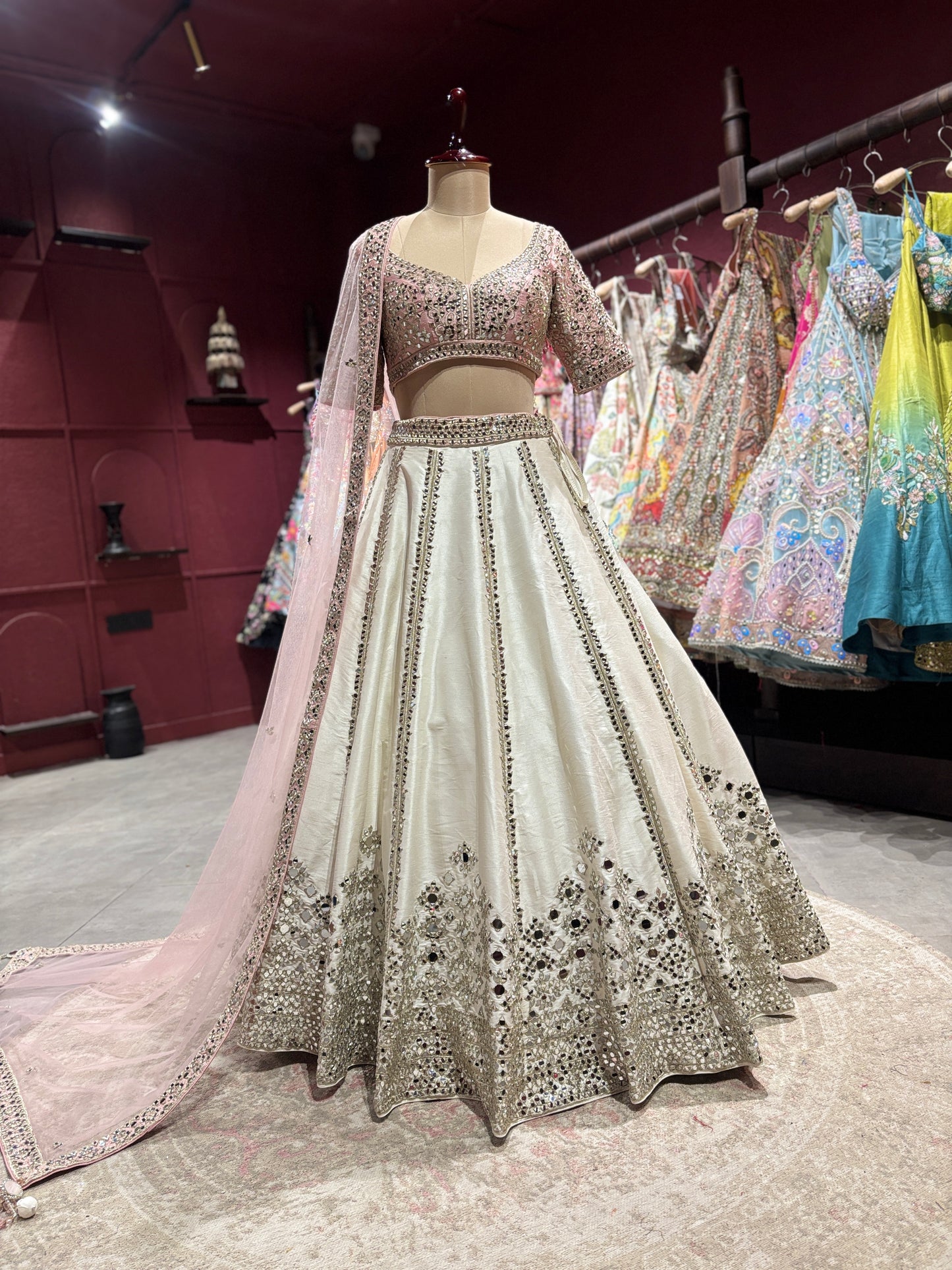 Ivory Mirror Work Lehenga with Blush Pink Blouse & Dupatta