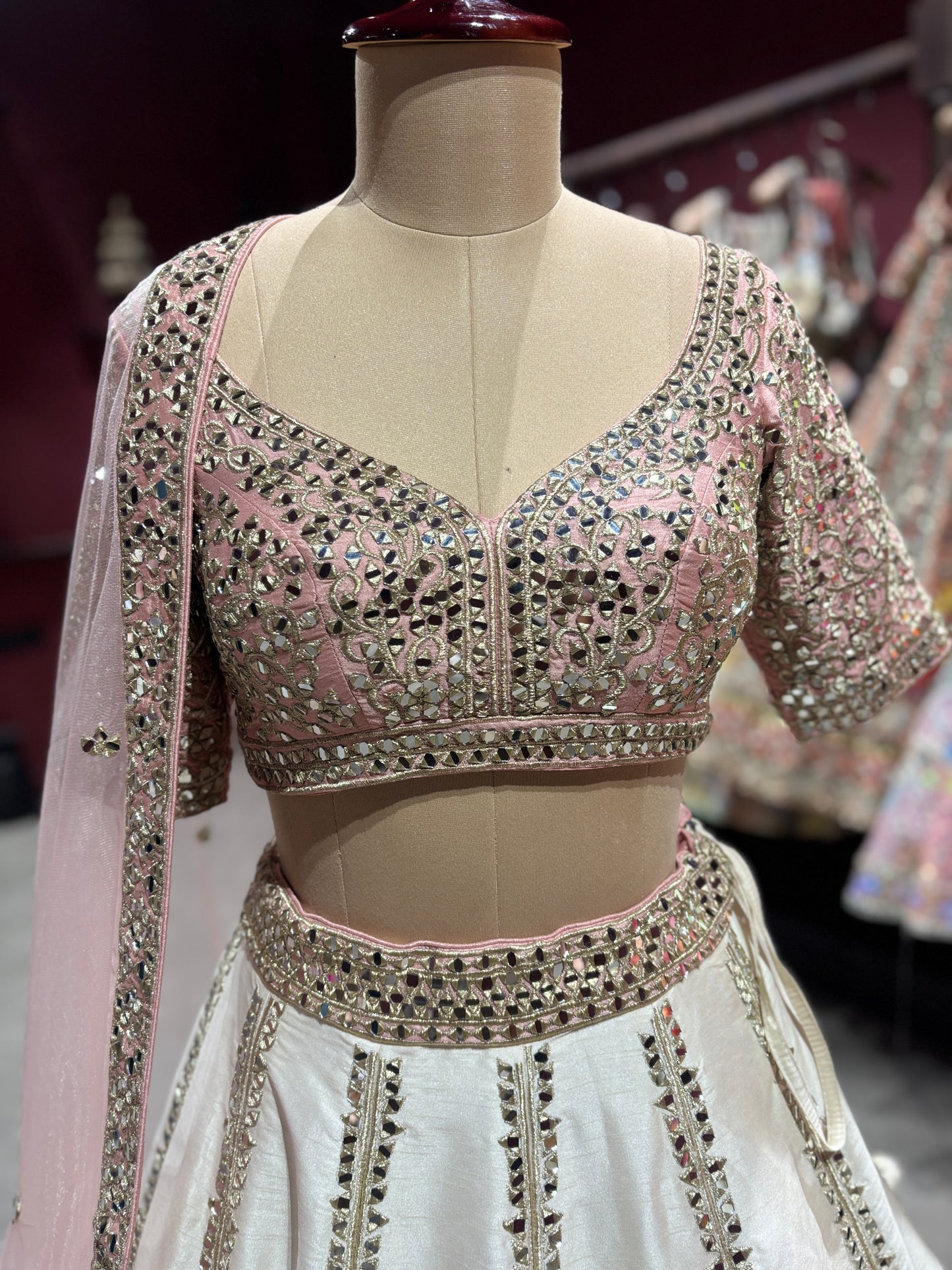 Ivory Mirror Work Lehenga with Blush Pink Blouse & Dupatta