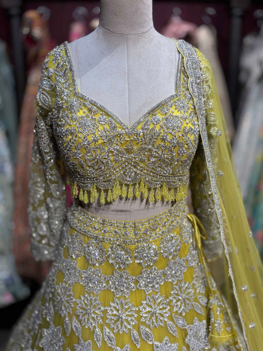Lime Yellow Silver Floral Embroidered Designer Lehenga Set