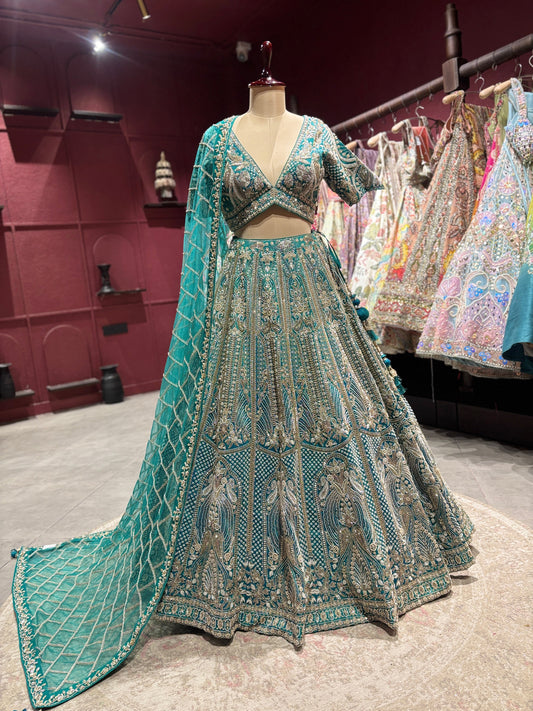 Teal Green Heavy Embroidered Designer Lehenga Set