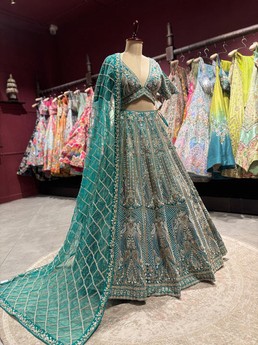 Teal Green Heavy Embroidered Designer Lehenga Set