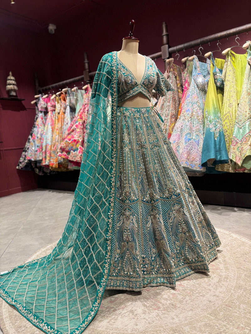 Teal Green Heavy Embroidered Designer Lehenga Set