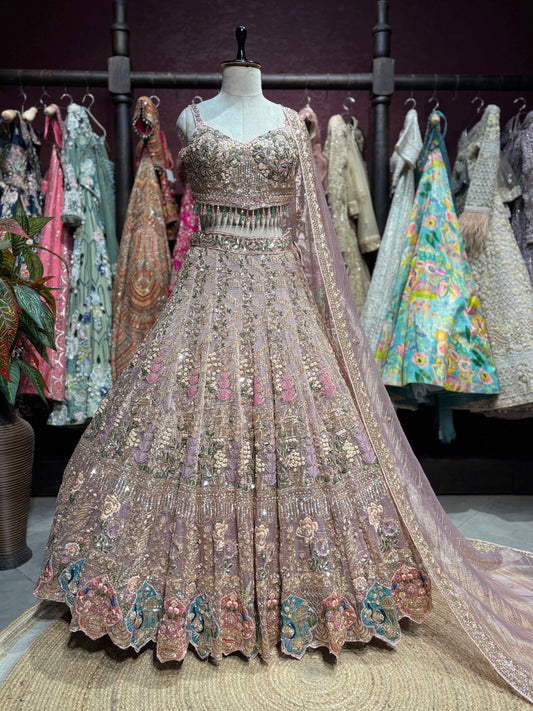 Dusty Mauve Floral Embroidered Designer Lehenga Set