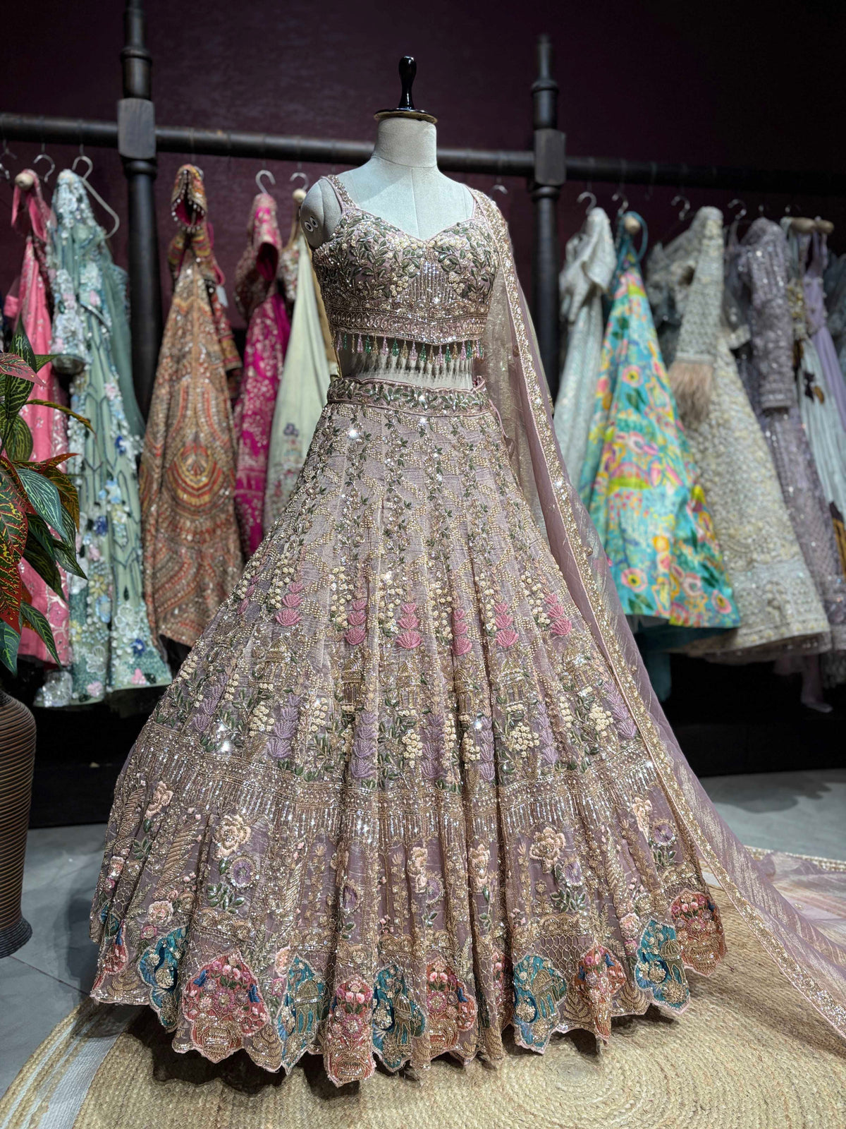 Dusty Mauve Floral Embroidered Designer Lehenga Set