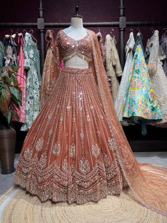 Rust Orange Sequin Embroidered Designer Lehenga Set