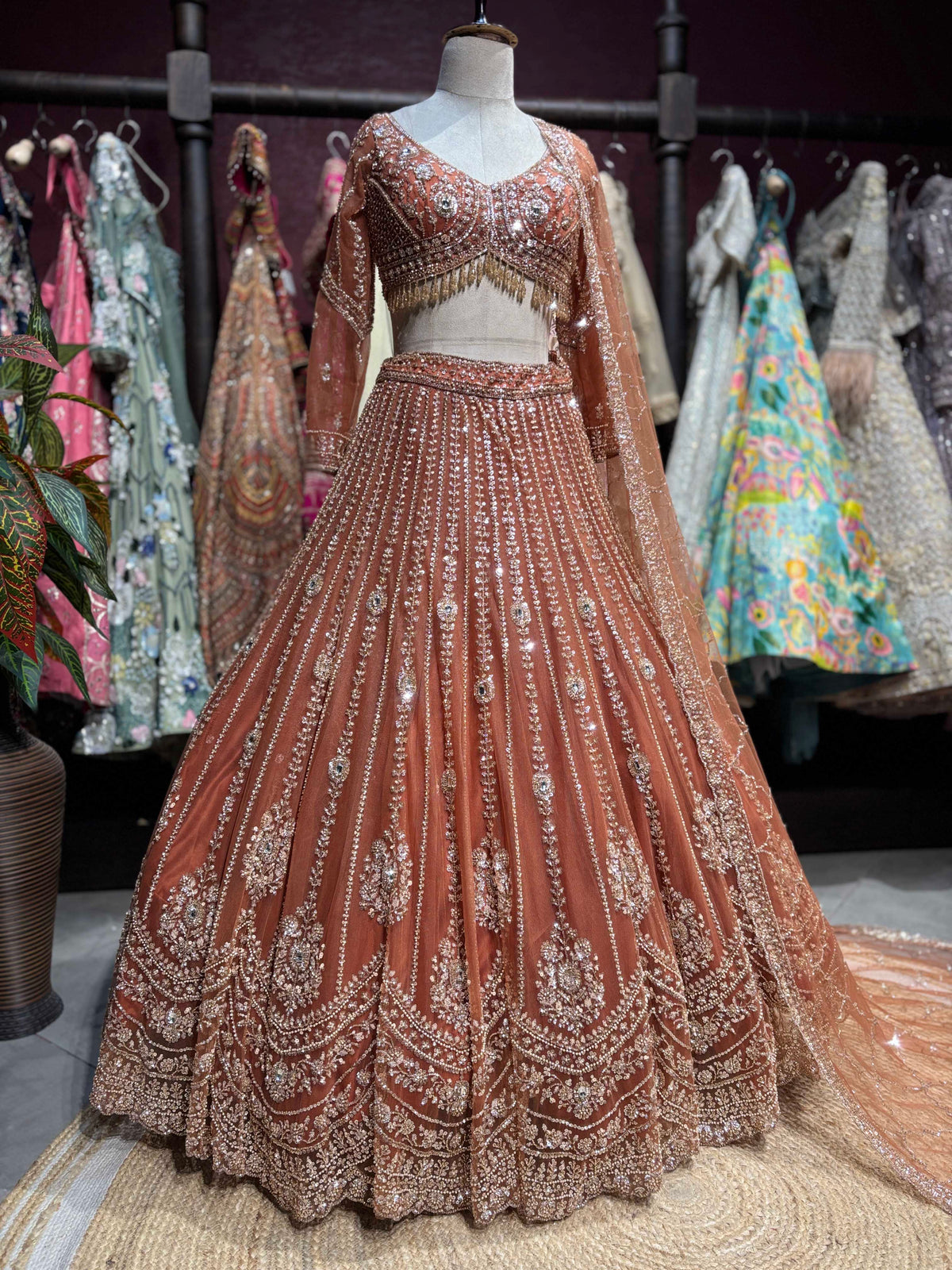 Rust Orange Sequin Embroidered Designer Lehenga Set