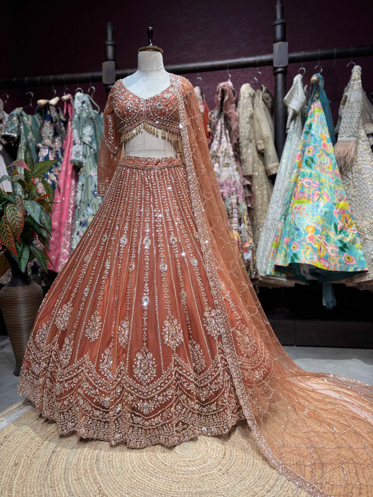 Rust Orange Sequin Embroidered Designer Lehenga Set