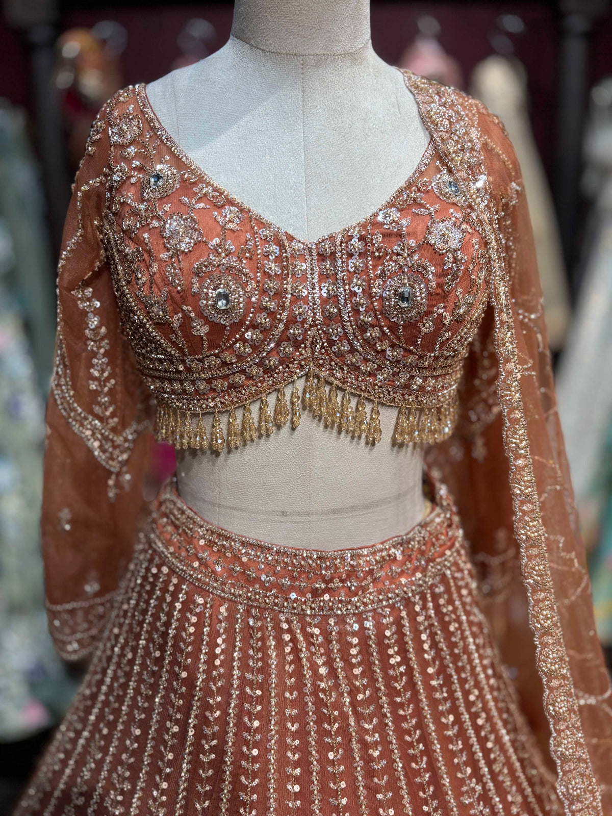 Rust Orange Sequin Embroidered Designer Lehenga Set