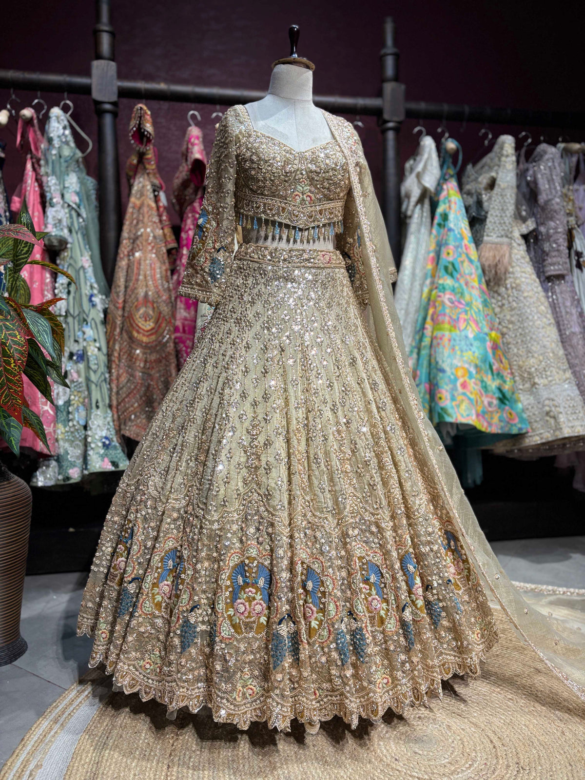 Champagne Gold Peacock Embellished Non Bridal Lehenga Set