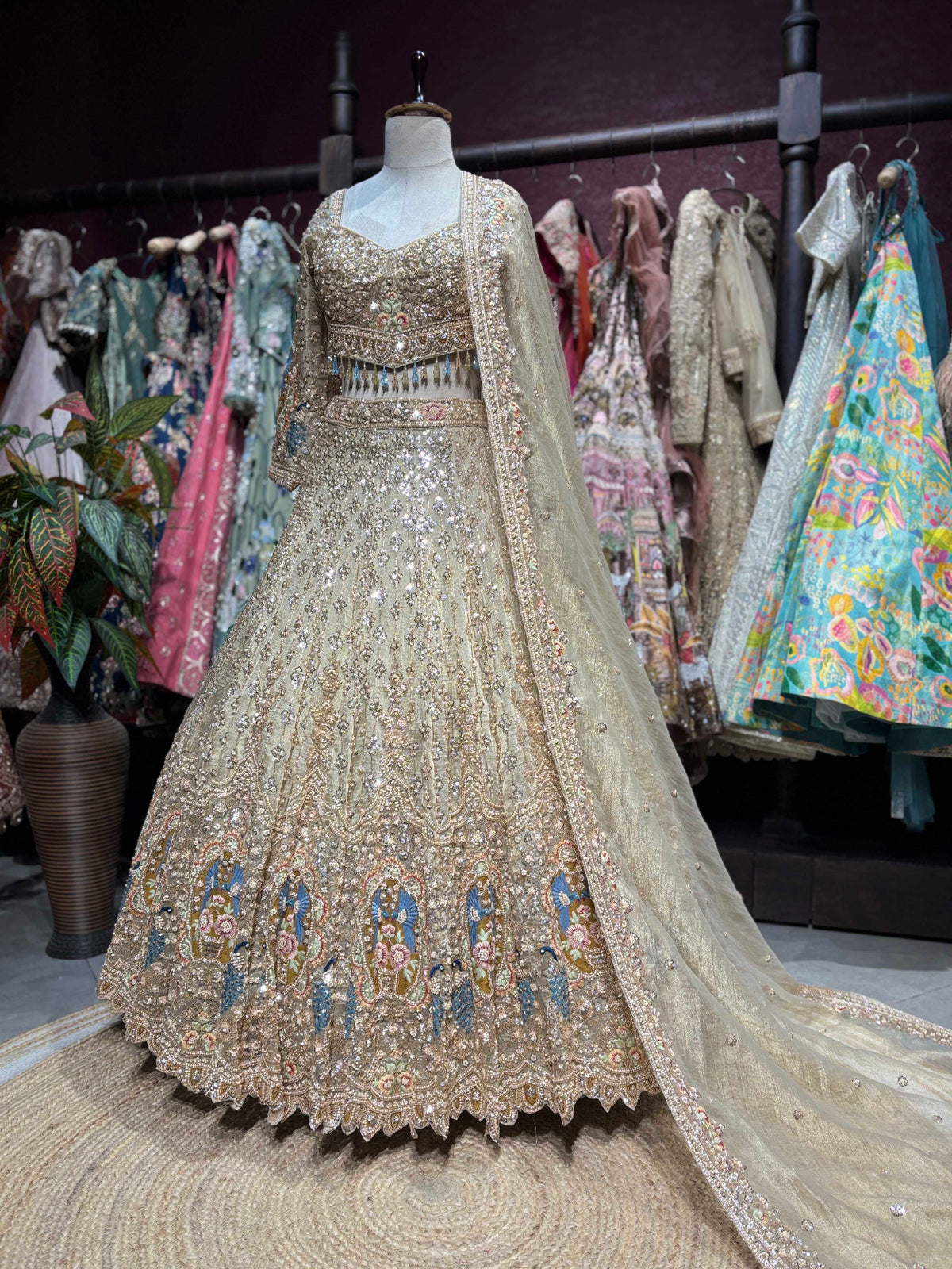 Champagne Gold Peacock Embellished Non Bridal Lehenga Set