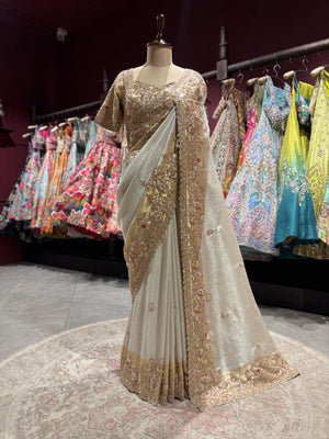 Designer Ivory Zari Embroidered Wedding Saree