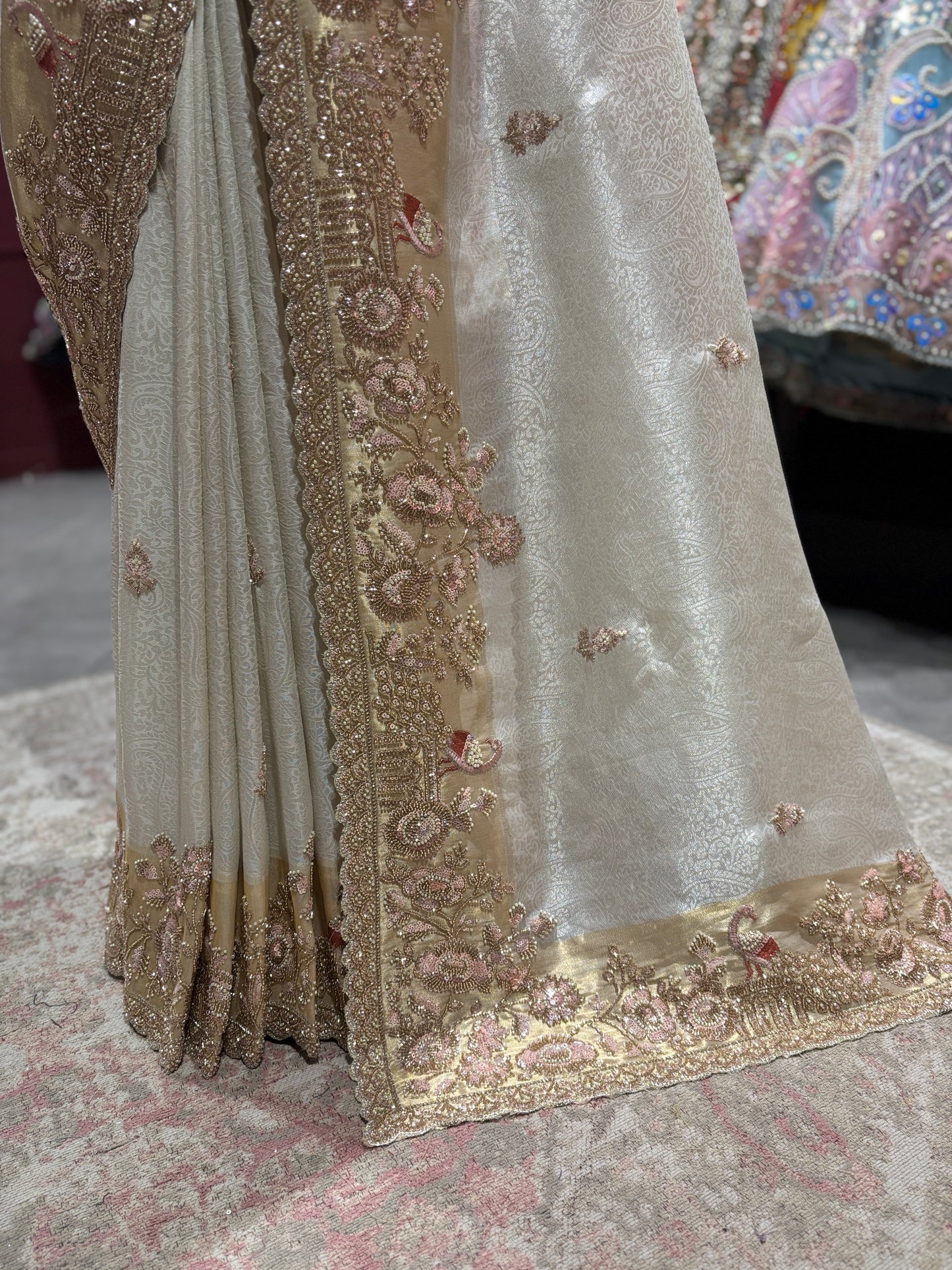 Designer Ivory Zari Embroidered Wedding Saree