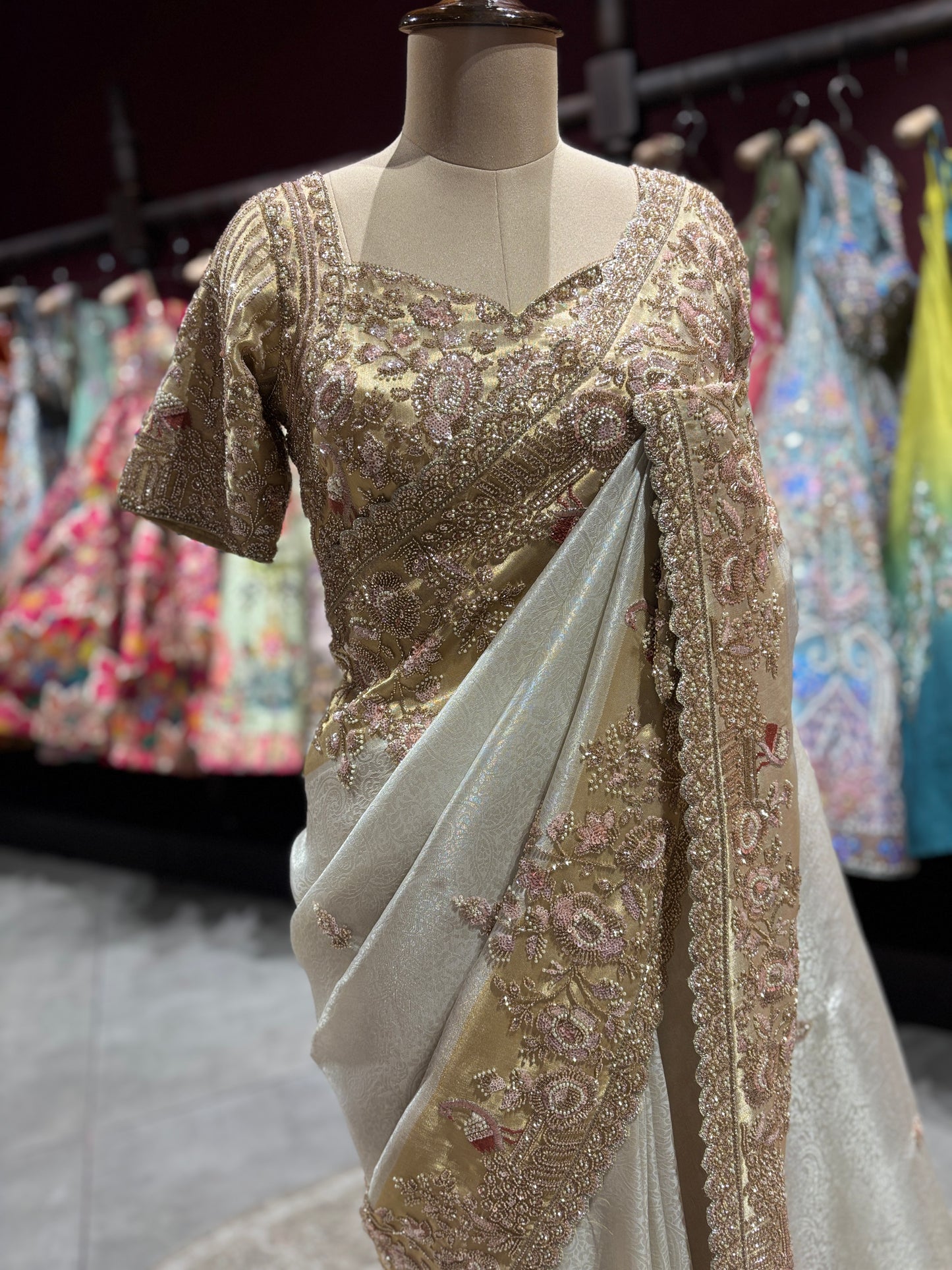 Designer Ivory Zari Embroidered Wedding Saree