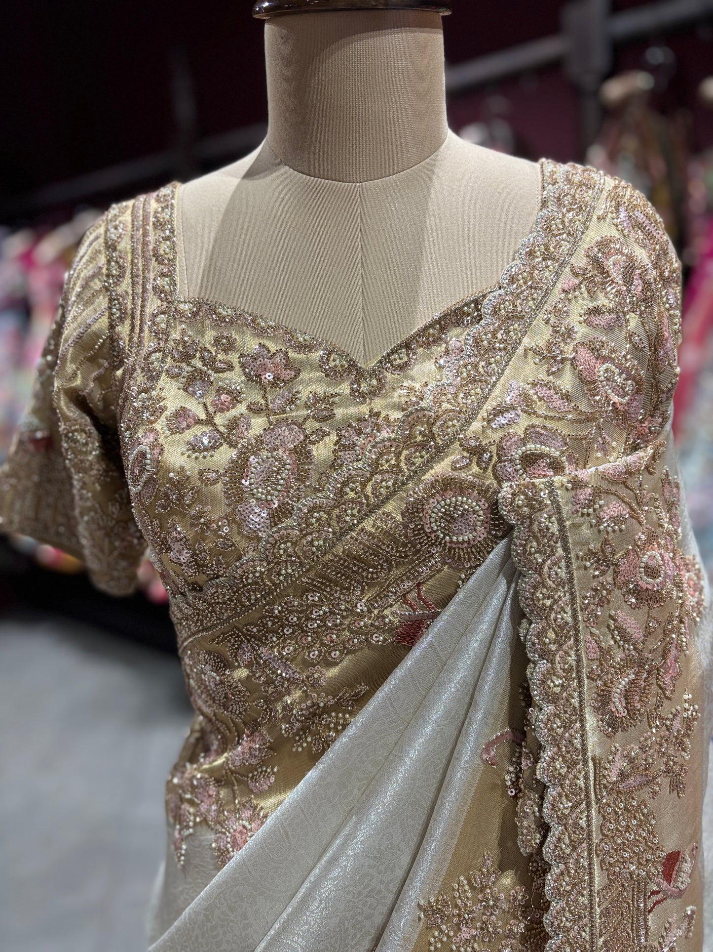 Designer Ivory Zari Embroidered Wedding Saree