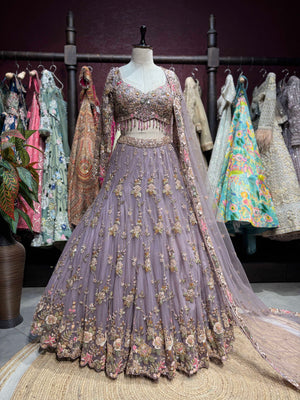 Dusty Mauve Floral Embroidered Designer Lehenga Set