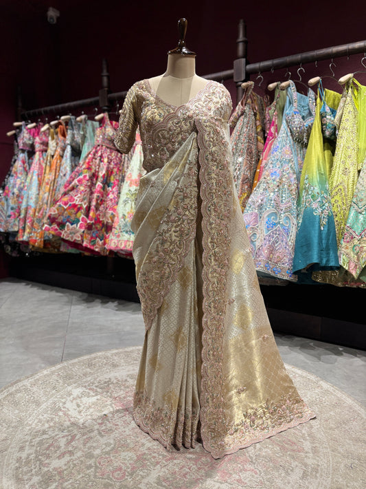 Golden Beige Designer Zari Embroidered Designer Saree