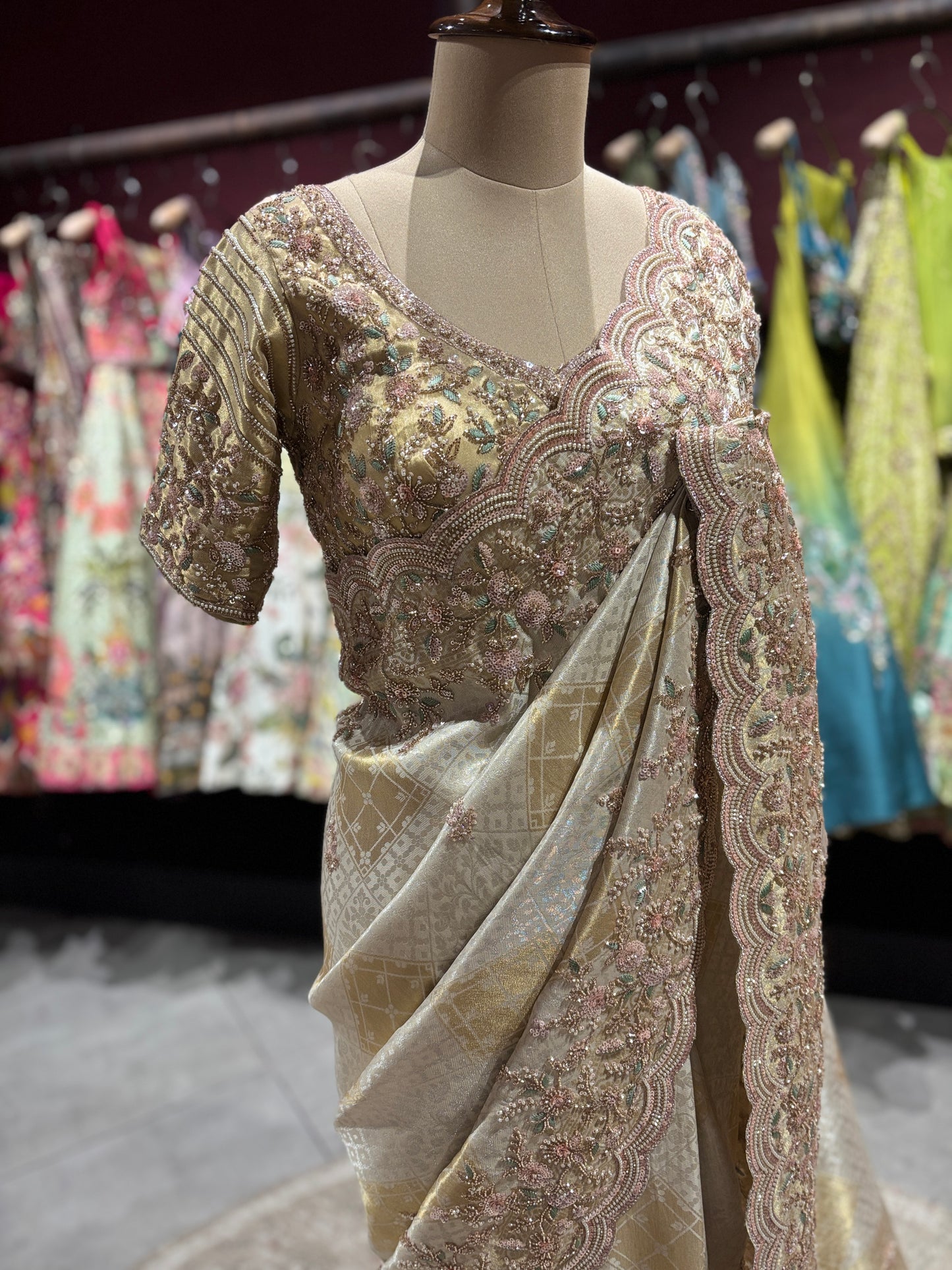 Golden Beige Designer Zari Embroidered Designer Saree