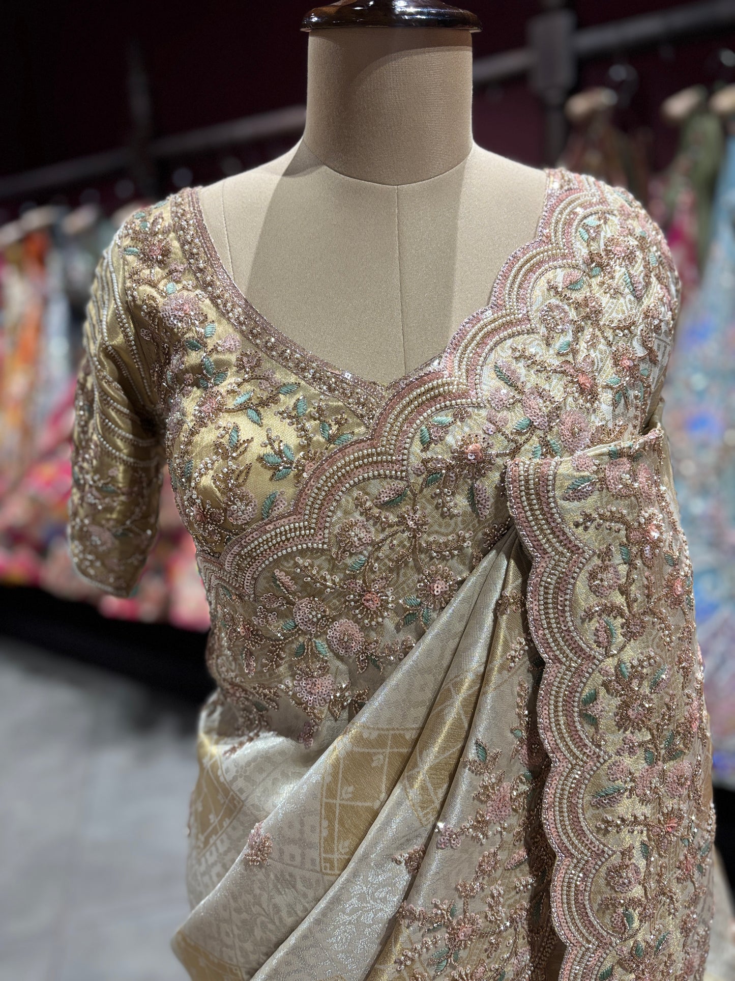 Golden Beige Designer Zari Embroidered Designer Saree