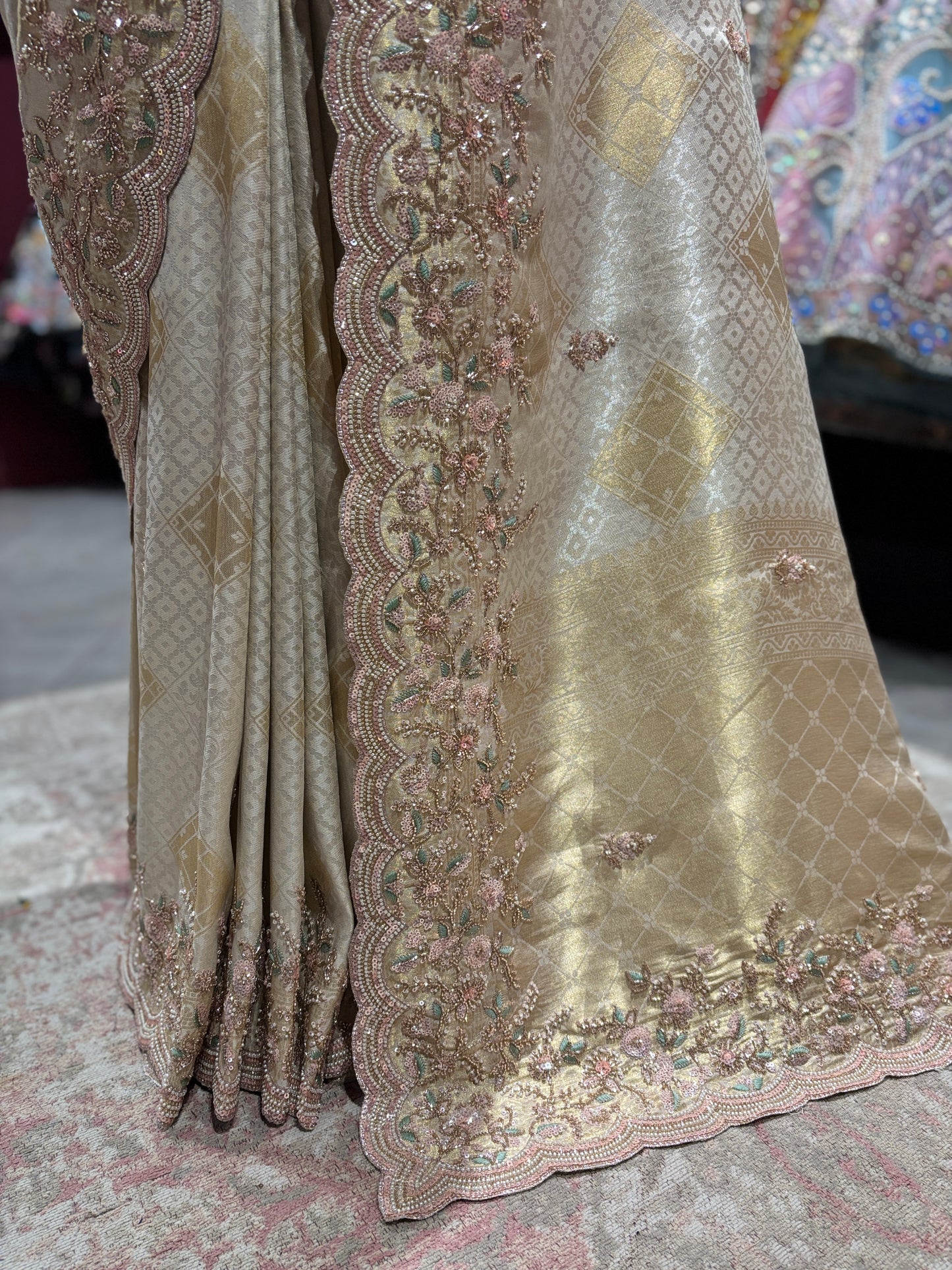 Golden Beige Designer Zari Embroidered Designer Saree