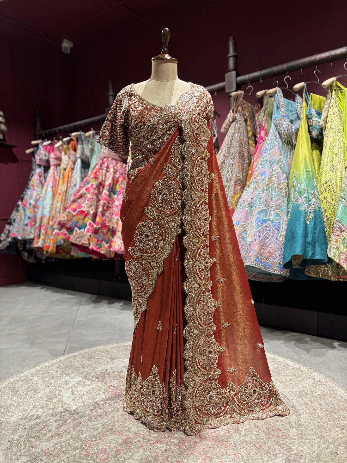 Designer Rust Copper Zari Embroidered Saree