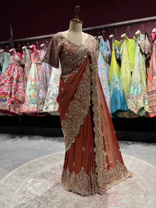 Designer Rust Copper Zari Embroidered Saree