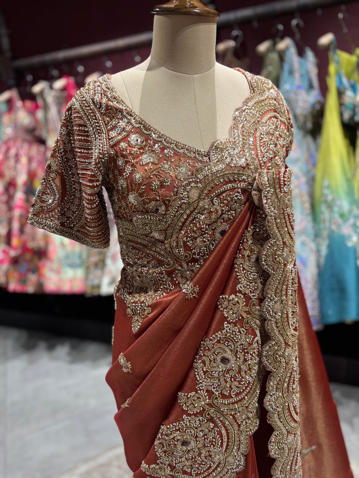 Designer Rust Copper Zari Embroidered Saree