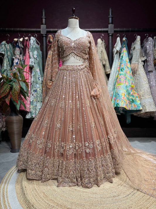 Peach Rose Gold Embroidered Non Bridal Lehenga Set