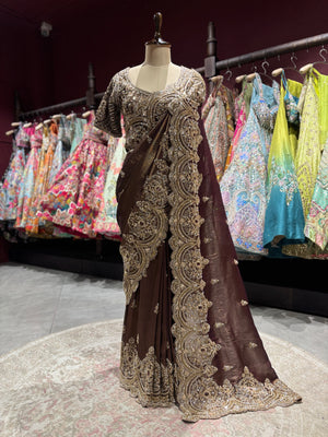 Chocolate Brown Designer Zari Embroidered Saree
