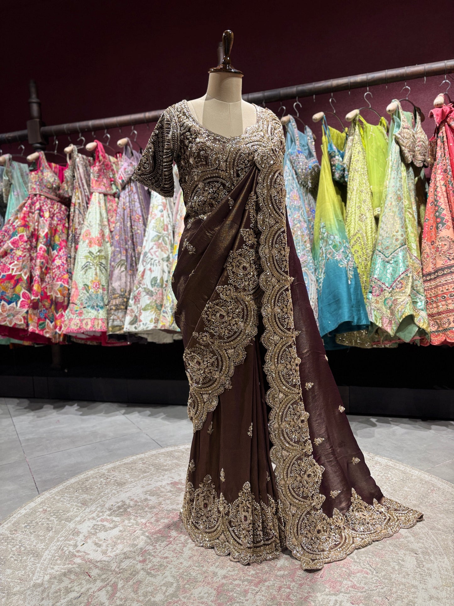 Chocolate Brown Designer Zari Embroidered Saree