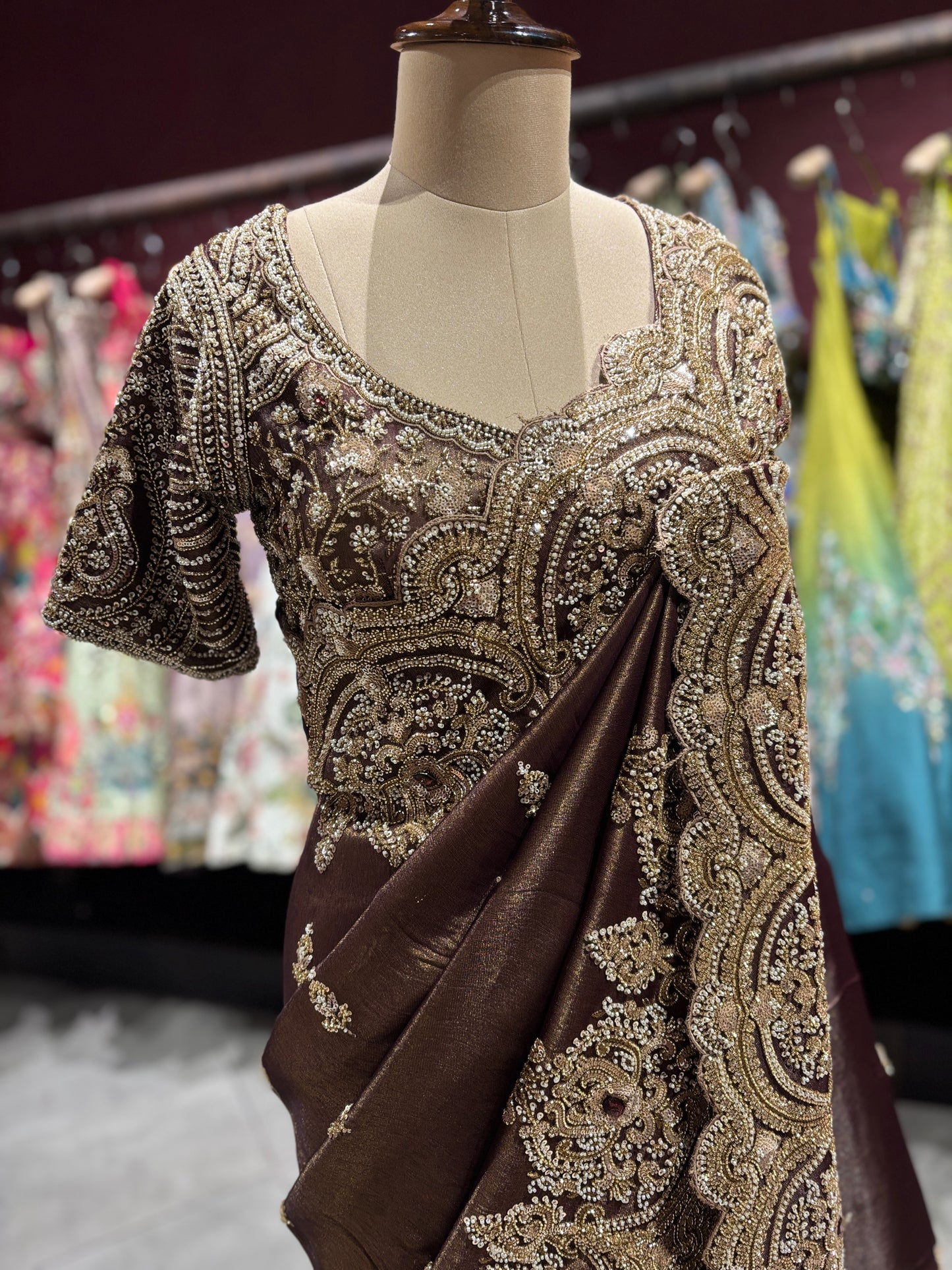 Chocolate Brown Designer Zari Embroidered Saree