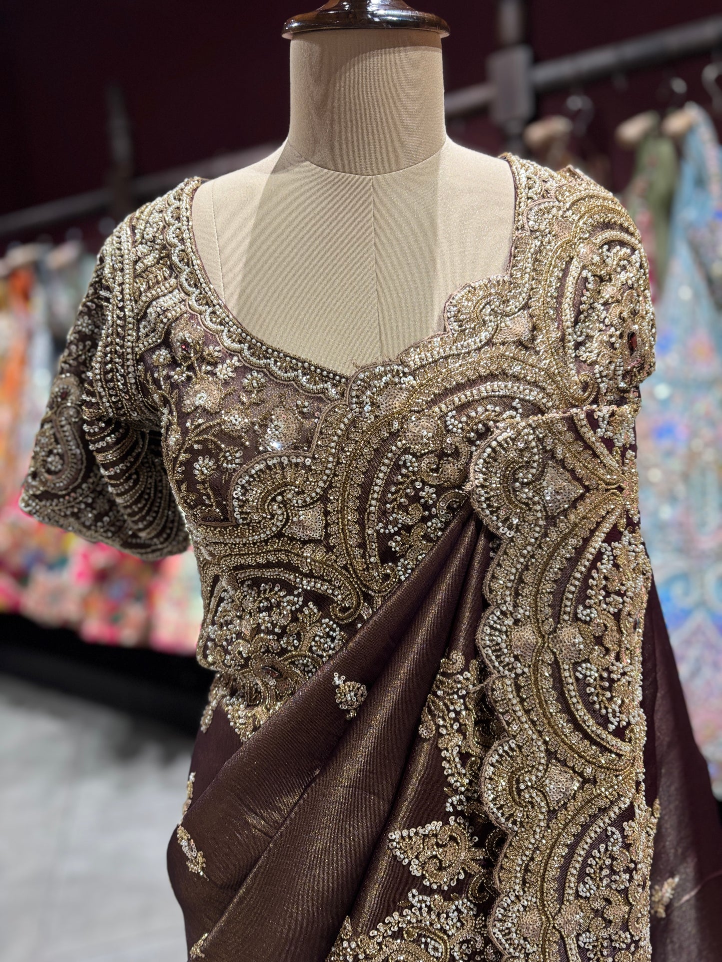 Chocolate Brown Designer Zari Embroidered Saree
