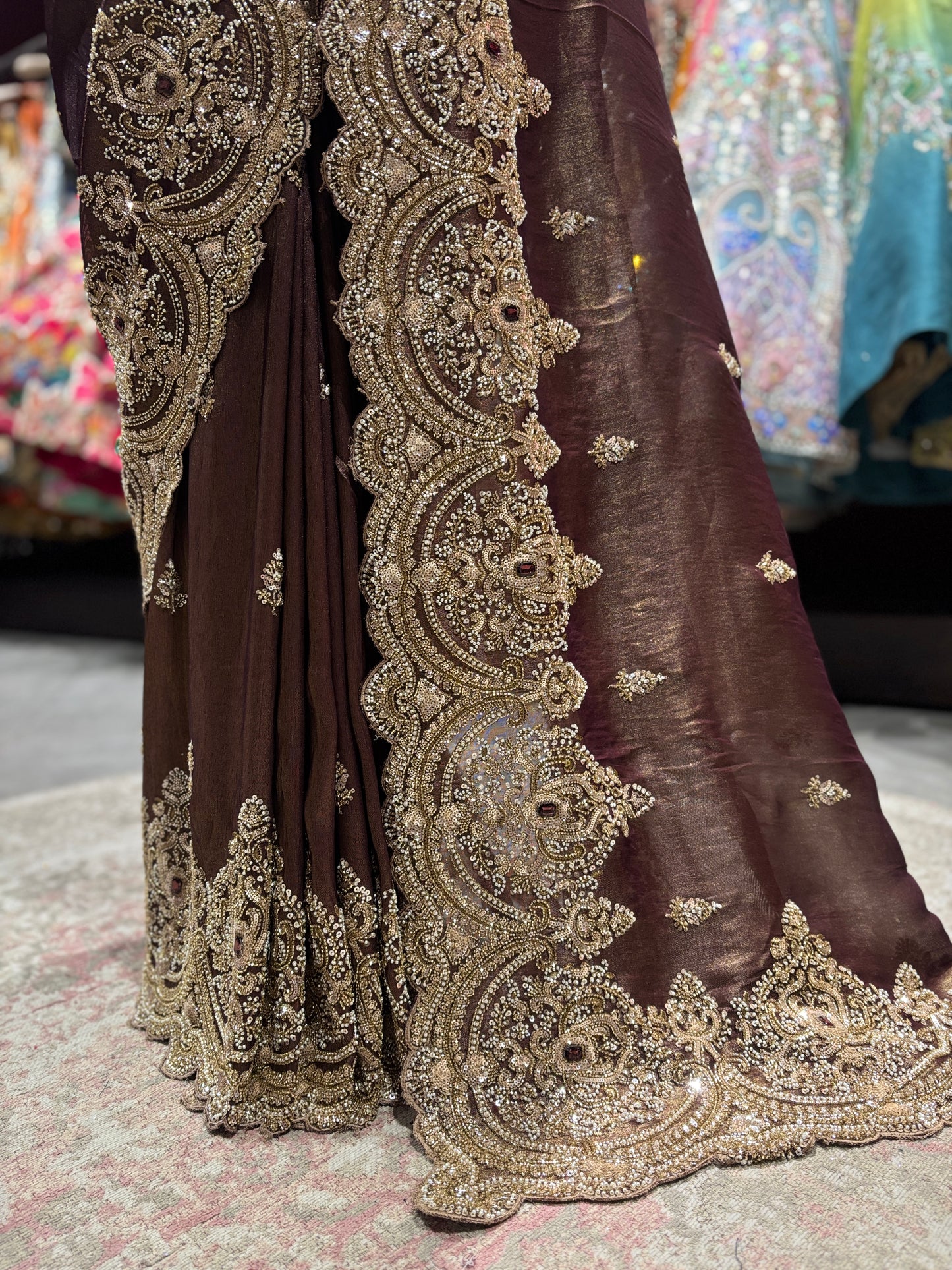 Chocolate Brown Designer Zari Embroidered Saree