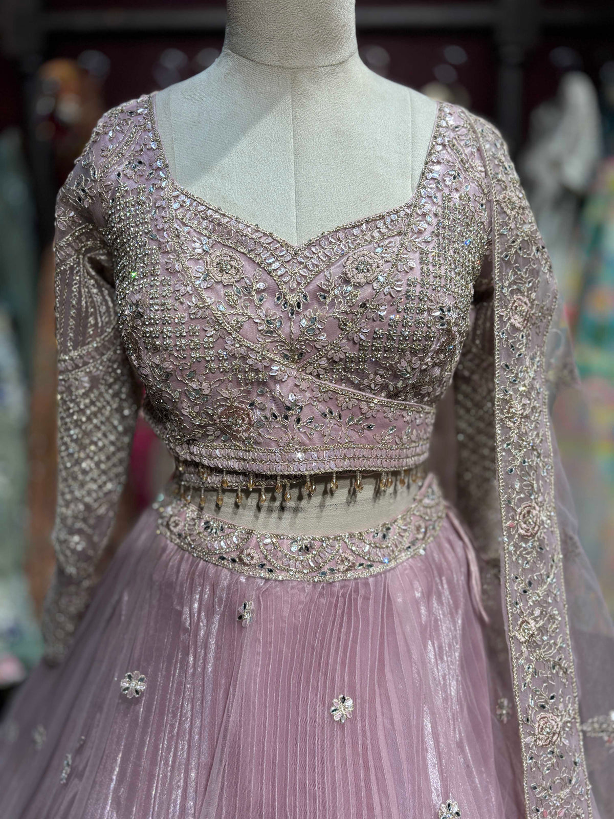 Powder Pink Embroidered Pleated Designer Lehenga Set