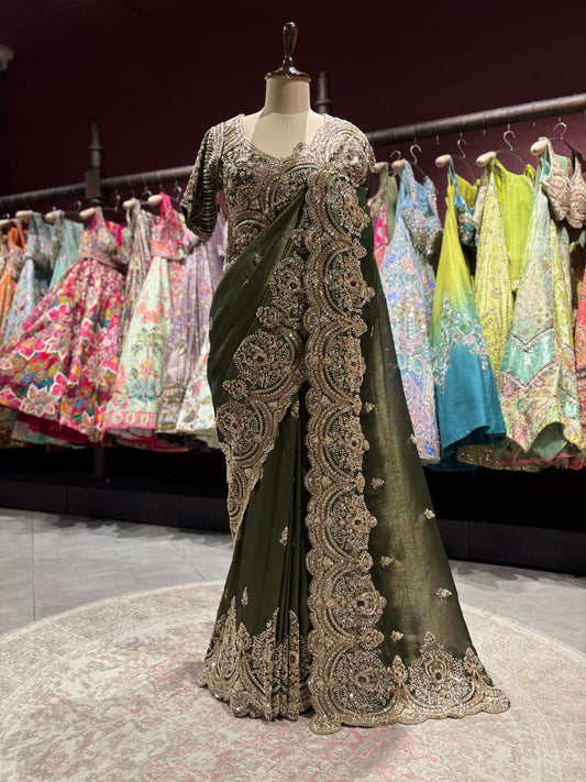 Emerald Green Designer Zari Embroidered Saree