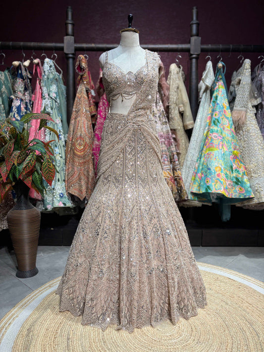 Champagne Gold Fish Cut Embroidered Designer Lehenga Set