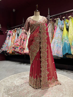 Designer Ruby Red Zari Embroidered Saree with designer Blouse