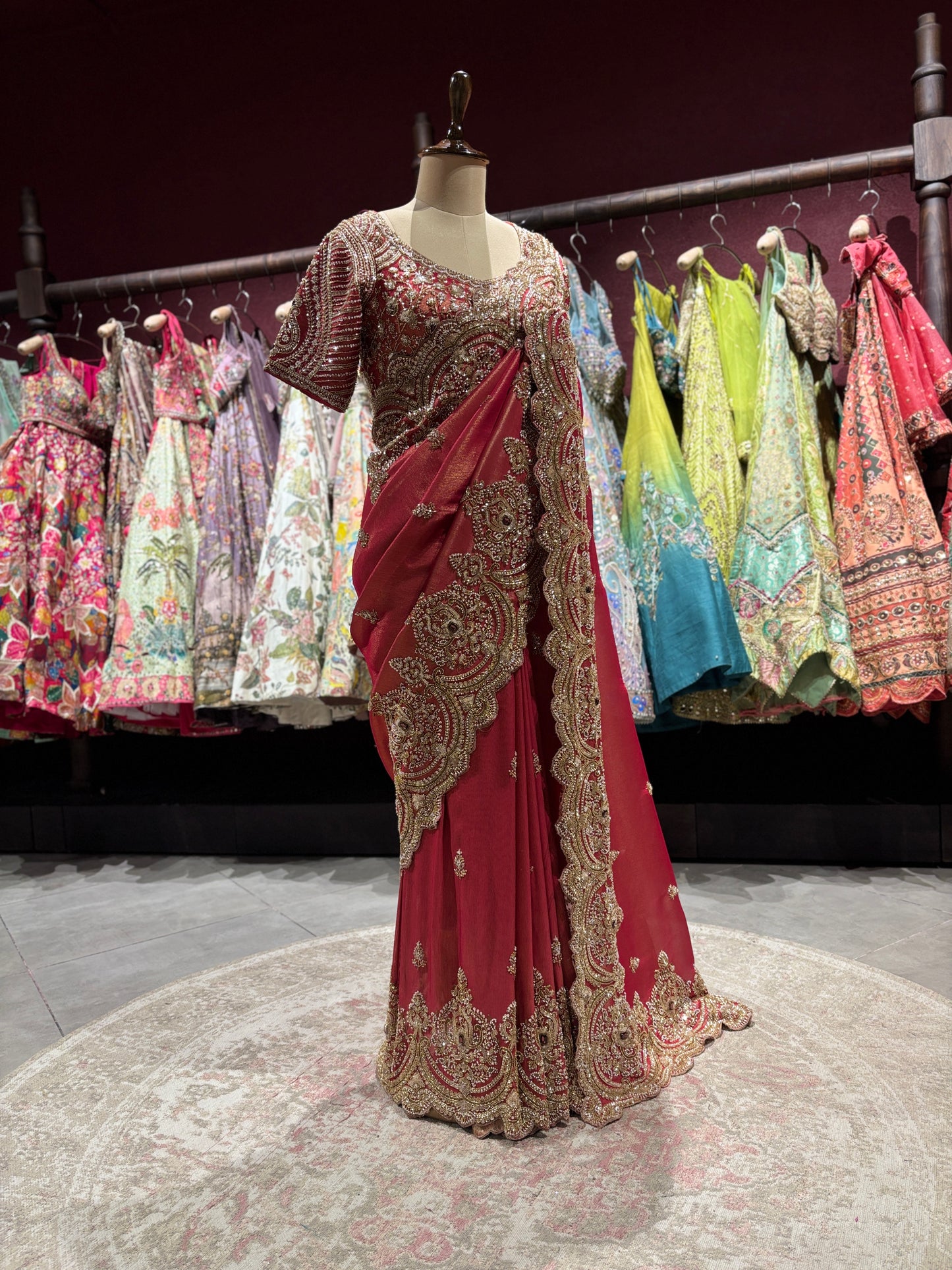 Designer Ruby Red Zari Embroidered Saree with designer Blouse