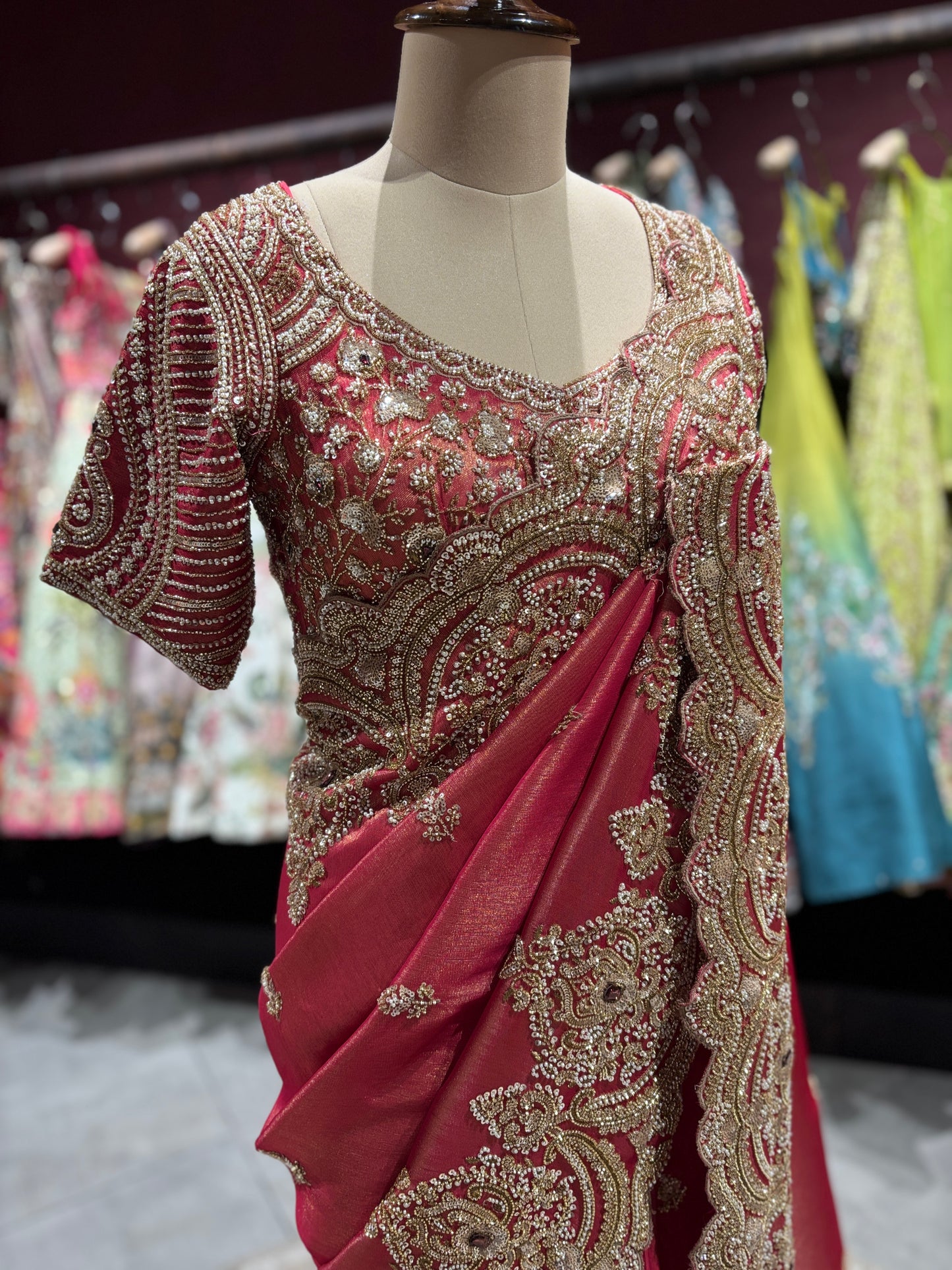 Designer Ruby Red Zari Embroidered Saree with designer Blouse