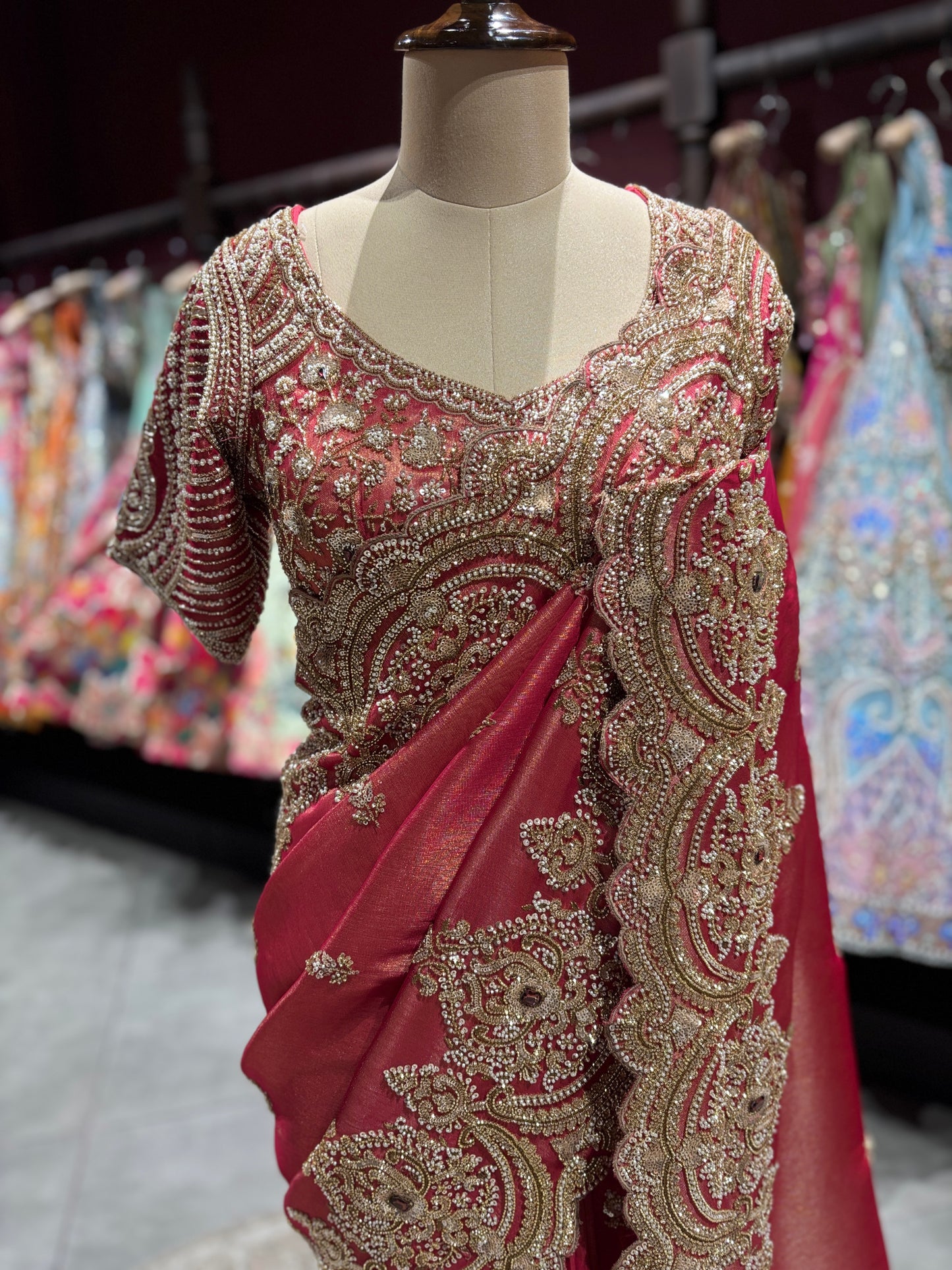 Designer Ruby Red Zari Embroidered Saree with designer Blouse