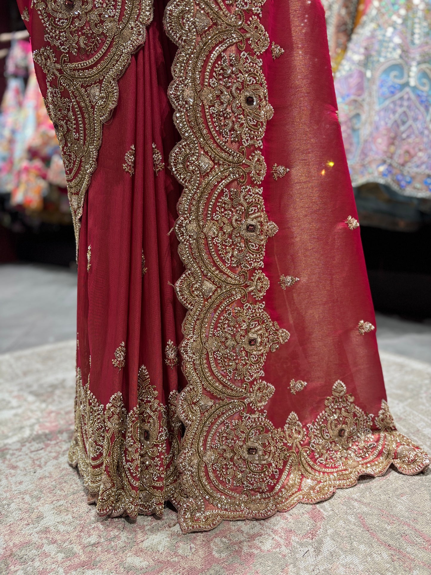 Designer Ruby Red Zari Embroidered Saree with designer Blouse