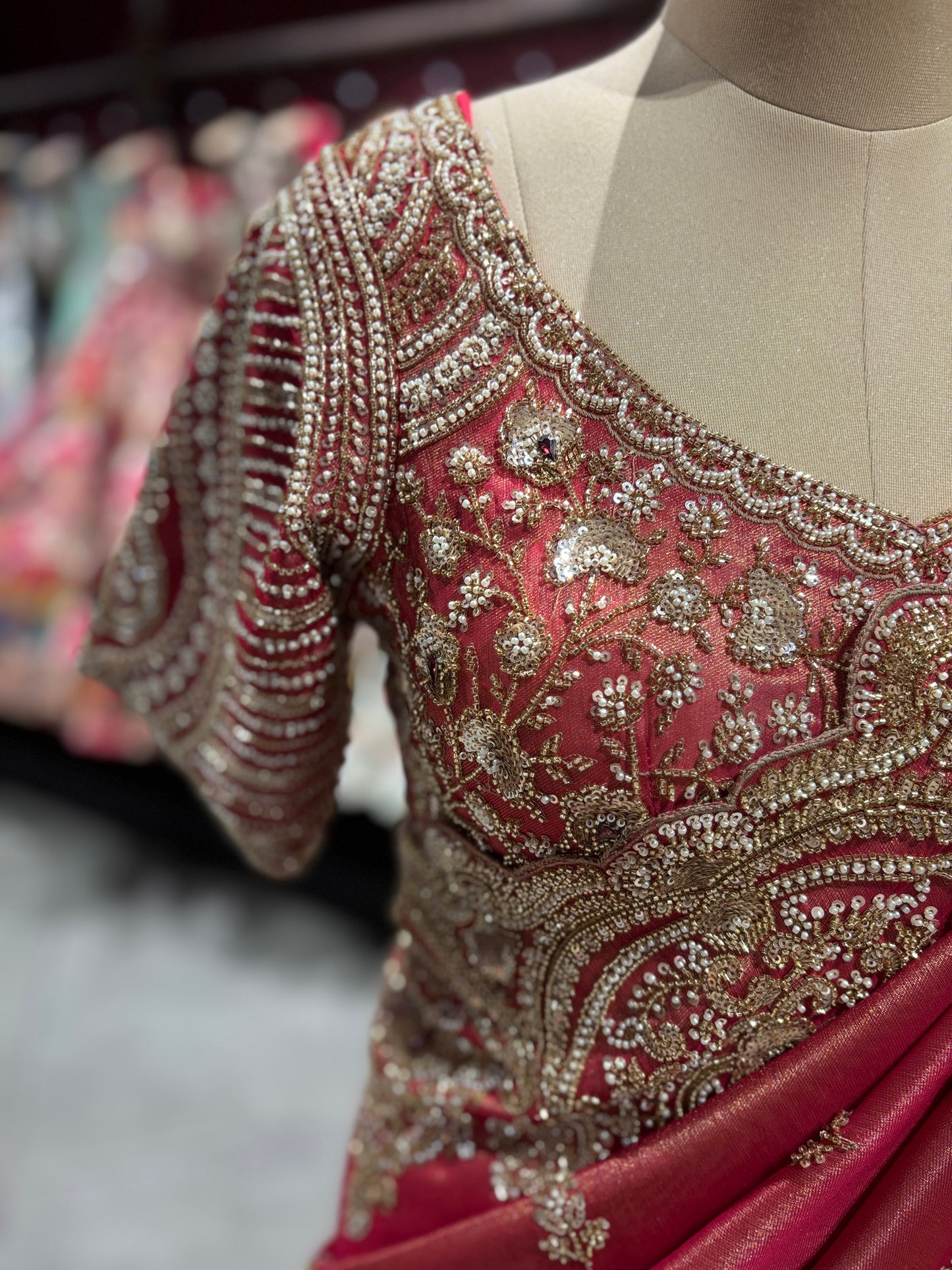 Designer Ruby Red Zari Embroidered Saree with designer Blouse