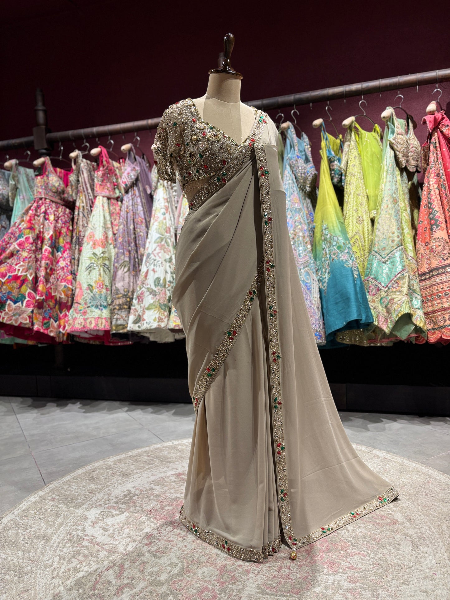 Beige Designer Saree with Stone & Mirror Work Border