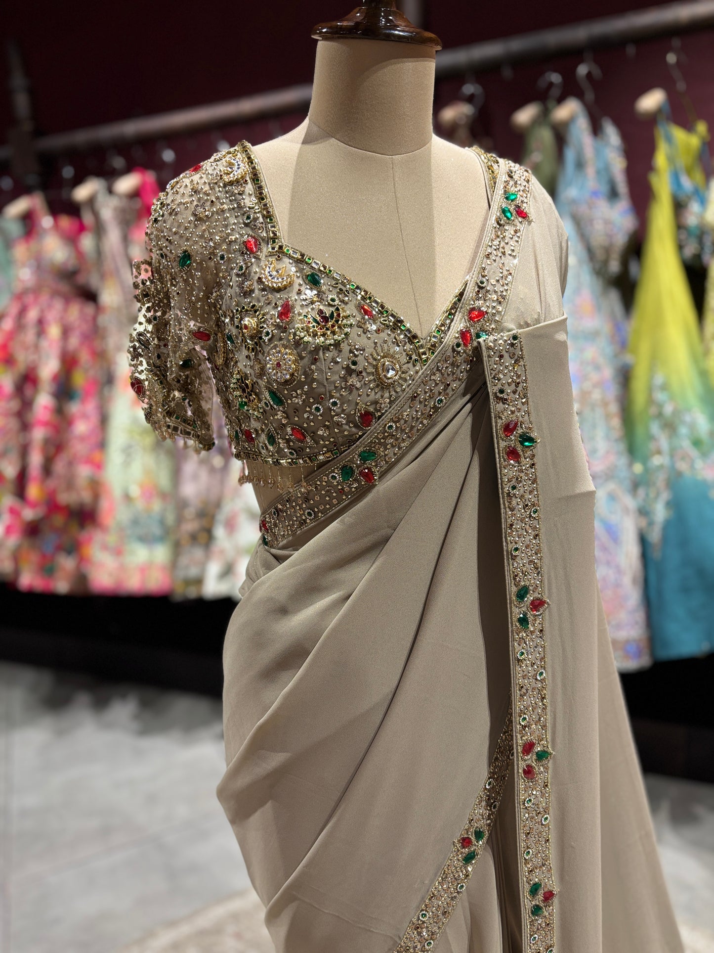 Beige Designer Saree with Stone & Mirror Work Border