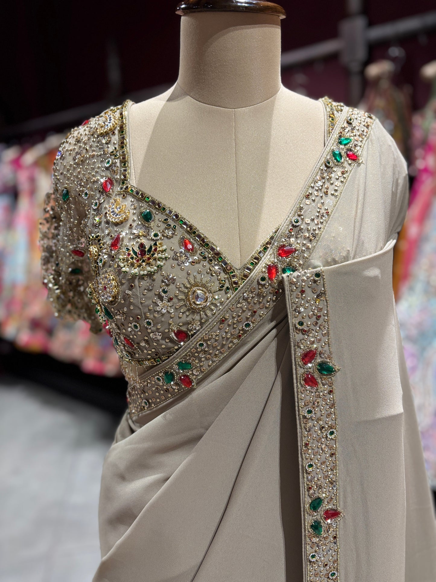 Beige Designer Saree with Stone & Mirror Work Border