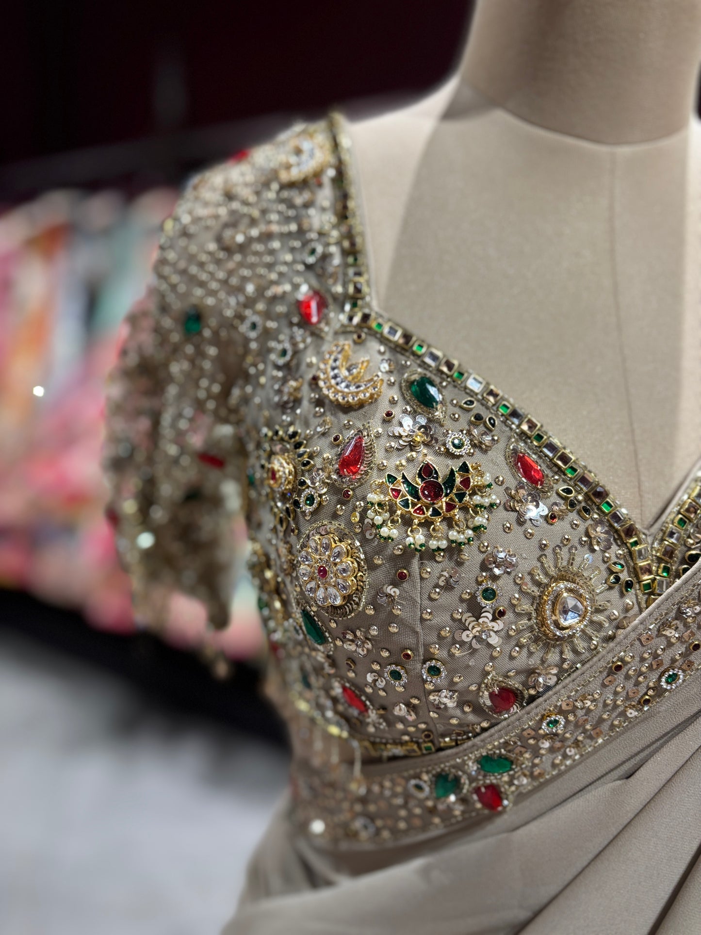 Beige Designer Saree with Stone & Mirror Work Border