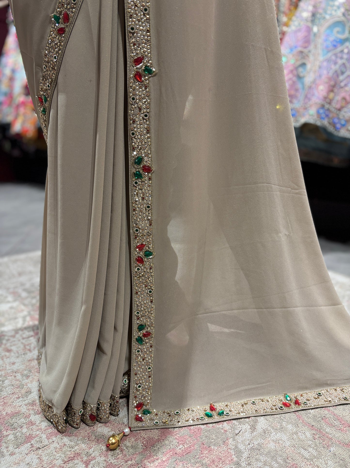 Beige Designer Saree with Stone & Mirror Work Border